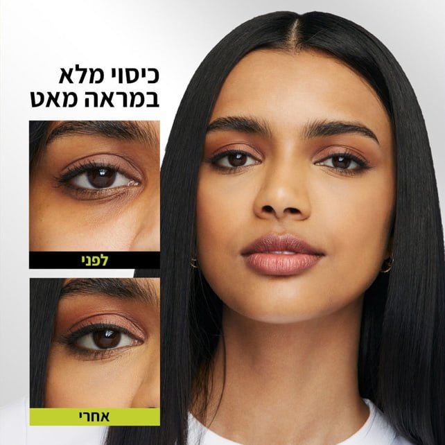 כיסוי מלא במראה מאט. דוגמנית מציגה אזור מתחת לעין לפני ואחרי איפור בקונסילר סופר סטיי