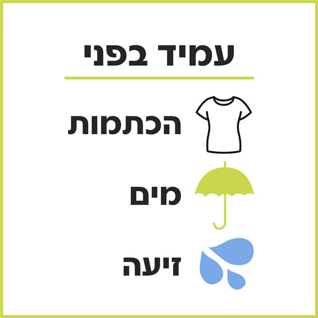 עמיד בפני הכתמות, מים, זיעה.
